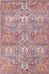 The Peregrine Peachy Brown Washable Rug - LCC3022 boasts symmetrical, intricate floral and paisley patterns in peach, brown, red, blue, orange, and cream tones. Perfect for high-traffic areas, it brings elegance to any space. Custom size available.
