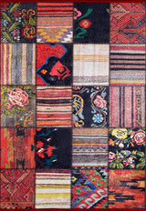 The Petal Paradise - Washable Rug - JR315 (Custom Size) features vibrant multicolor rectangles with stripes, florals, geometrics, and abstracts in red, black, blue, yellow, green, and pink—ideal for high-traffic areas.