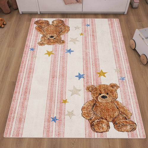 Load image 1 in gallery view. Pink Teddy Stars - Washable Kids Rug - JRN1104