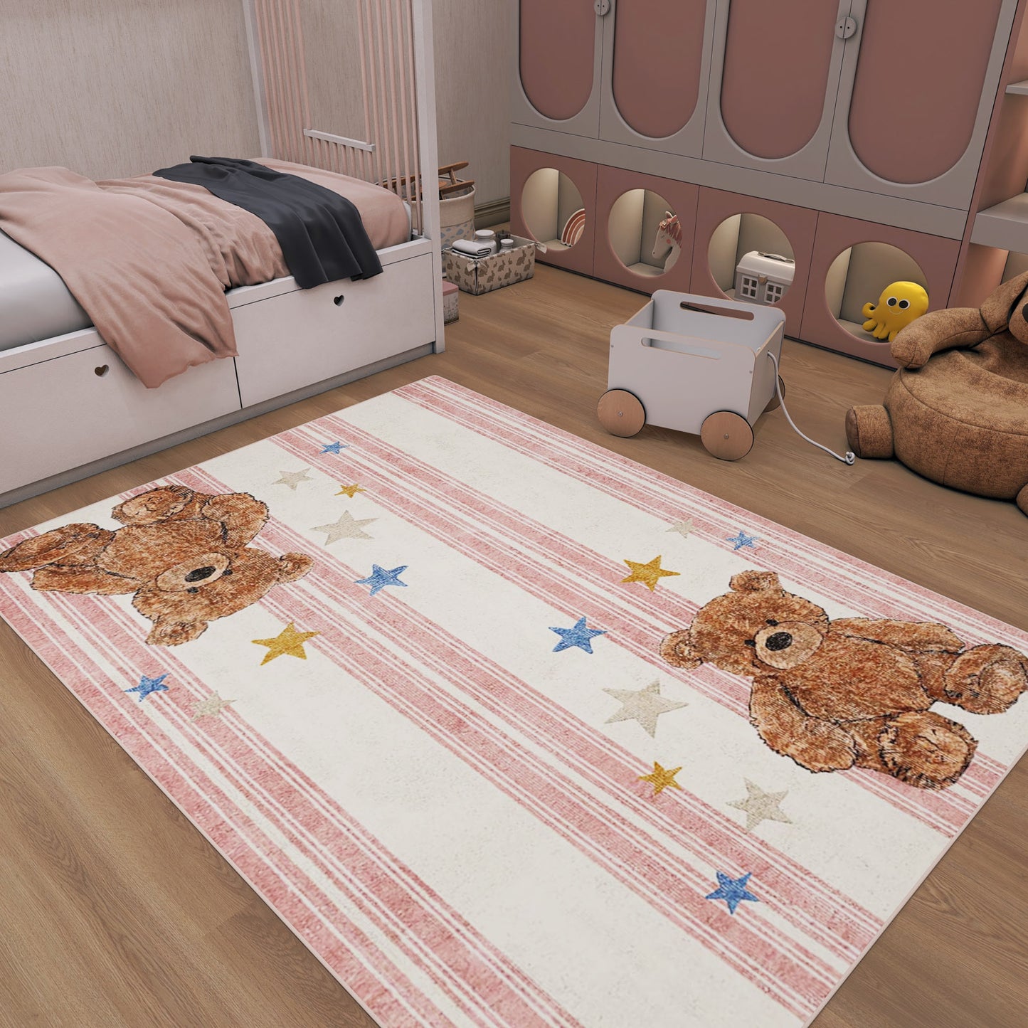 Pink Teddy Stars - Washable Kids Rug - JRN1104