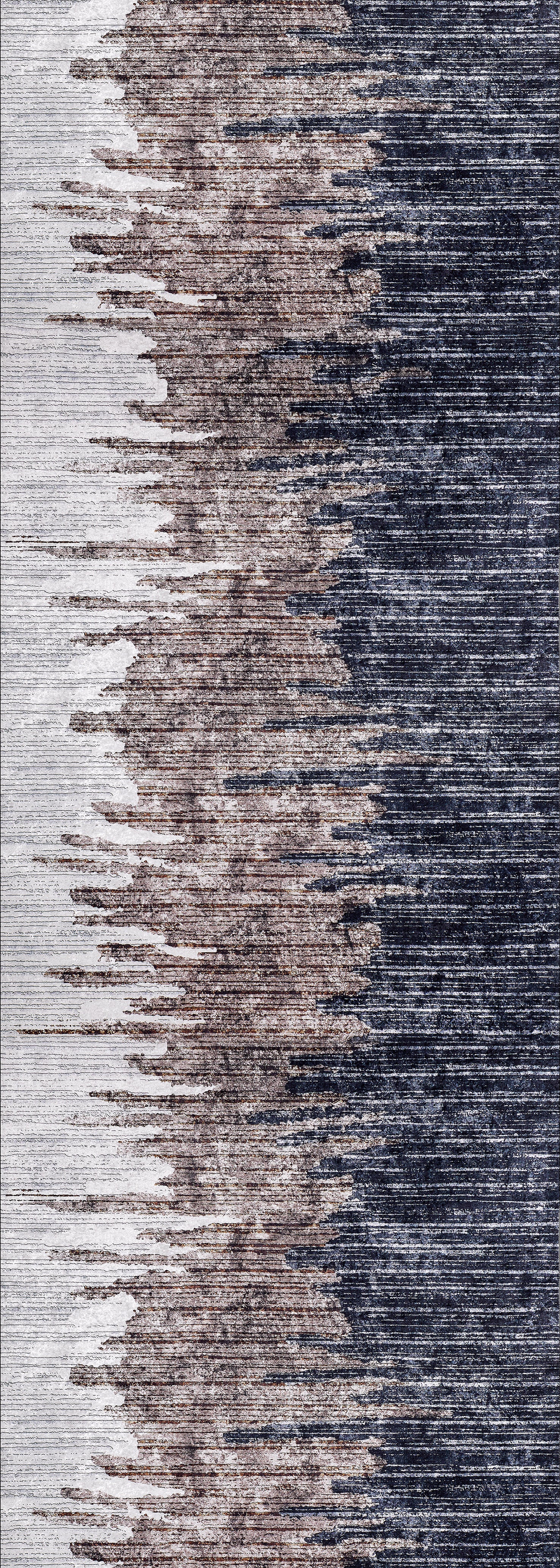 The Pixelated Paradise - Machine-Washable Rug JR902 features a gradient of light gray, bronze, brown, and dark navy blue in jagged horizontal streaks for a textured modern look—perfect for allergy-sensitive homes.