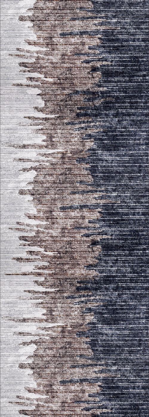 Bild 1 in Galerieansicht laden. The Pixelated Paradise - Machine-Washable Rug JR902 features a gradient of light gray, bronze, brown, and dark navy blue in jagged horizontal streaks for a textured modern look—perfect for allergy-sensitive homes.