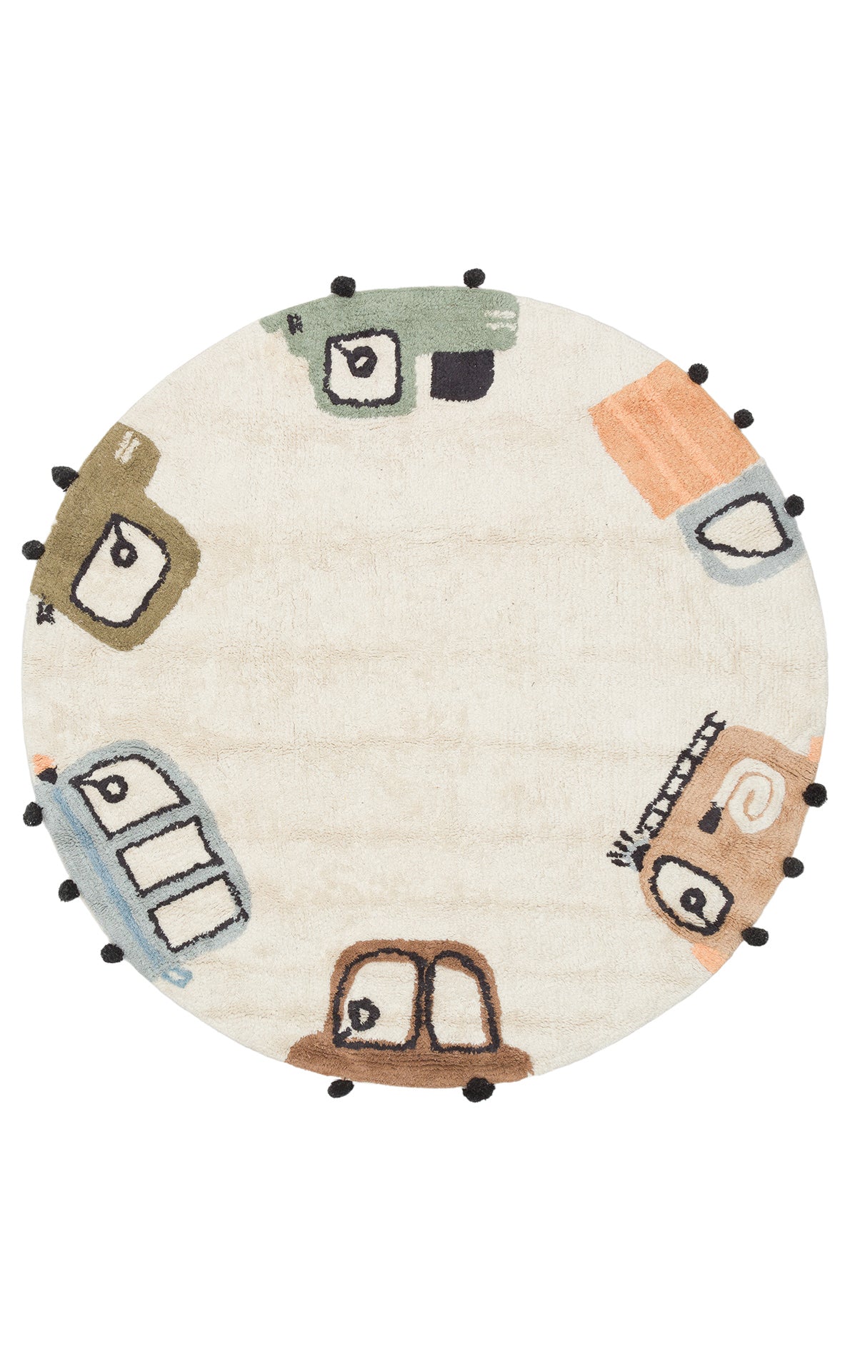 The Play Patch - Washable Shaggy - CBN15 is a round, cream-colored kids rug with multicolored cartoon cars and small black pom-poms around the edge—a playful, washable addition to any children’s room.