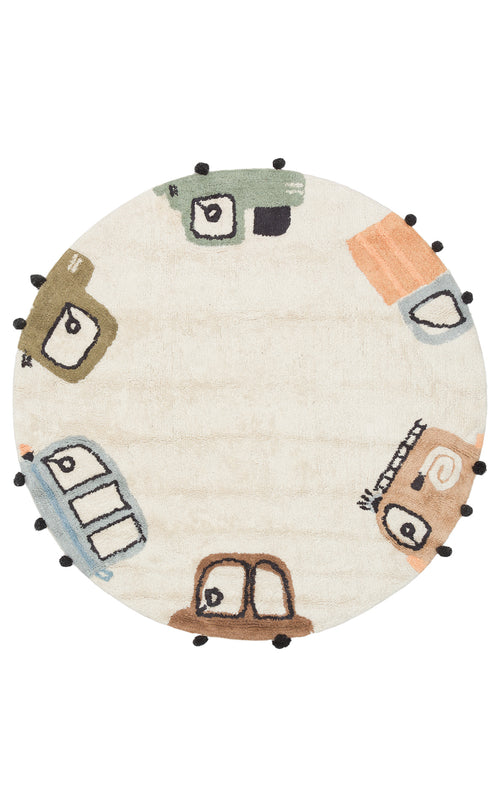 Load image 1 in gallery view. The Play Patch - Washable Shaggy - CBN15 is a round, cream-colored kids rug with multicolored cartoon cars and small black pom-poms around the edge—a playful, washable addition to any children’s room.