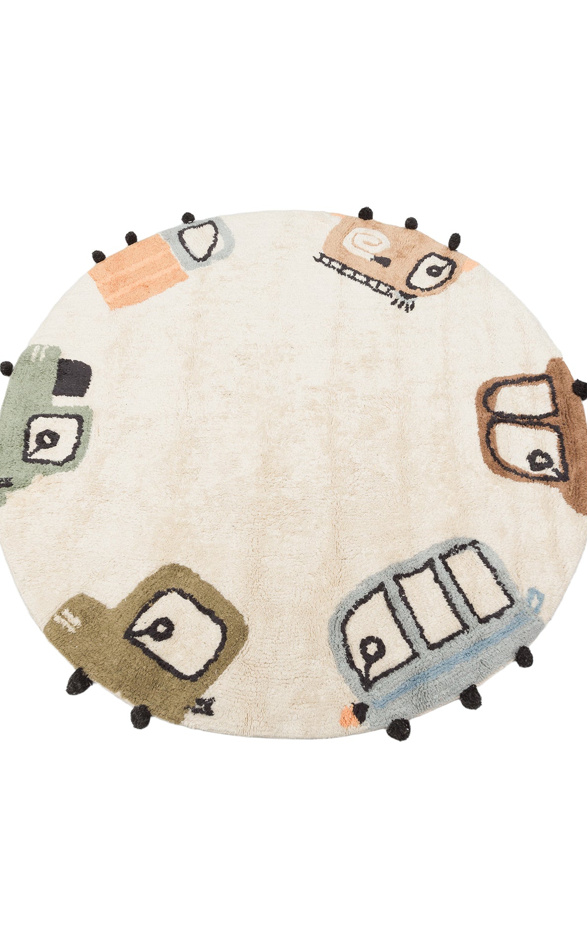 The Play Patch - Washable Shaggy - CBN15 is a round, cream-colored kids rug featuring cartoon car designs in green, orange, blue, and brown around the edge with black pom-poms—perfect as a children’s room rug.
