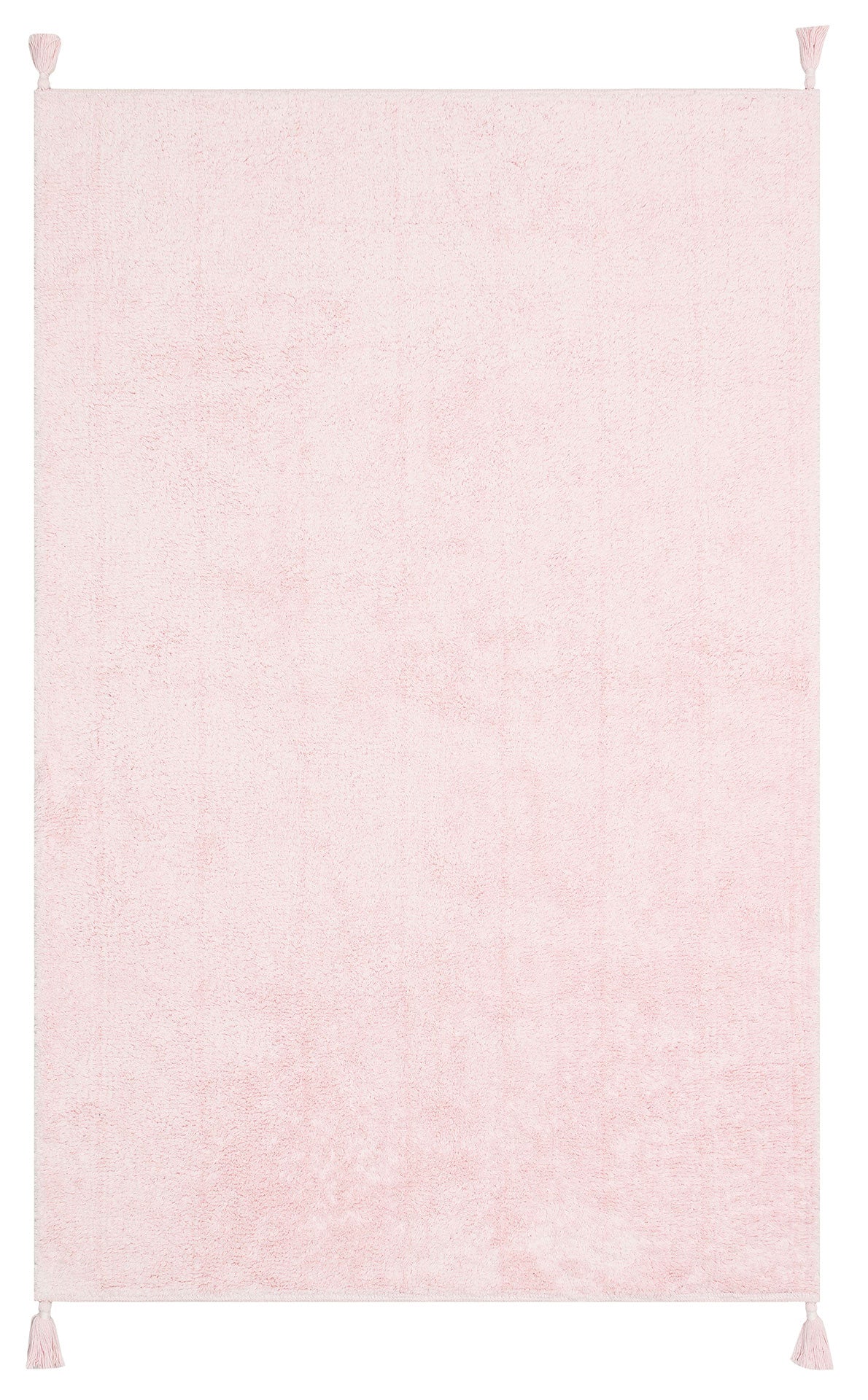 The Powder Calm - Washable Shaggy - CBNPLAIN is a rectangular, light pink washable rug with a soft shaggy texture and small corner tassels, shown on a white background.