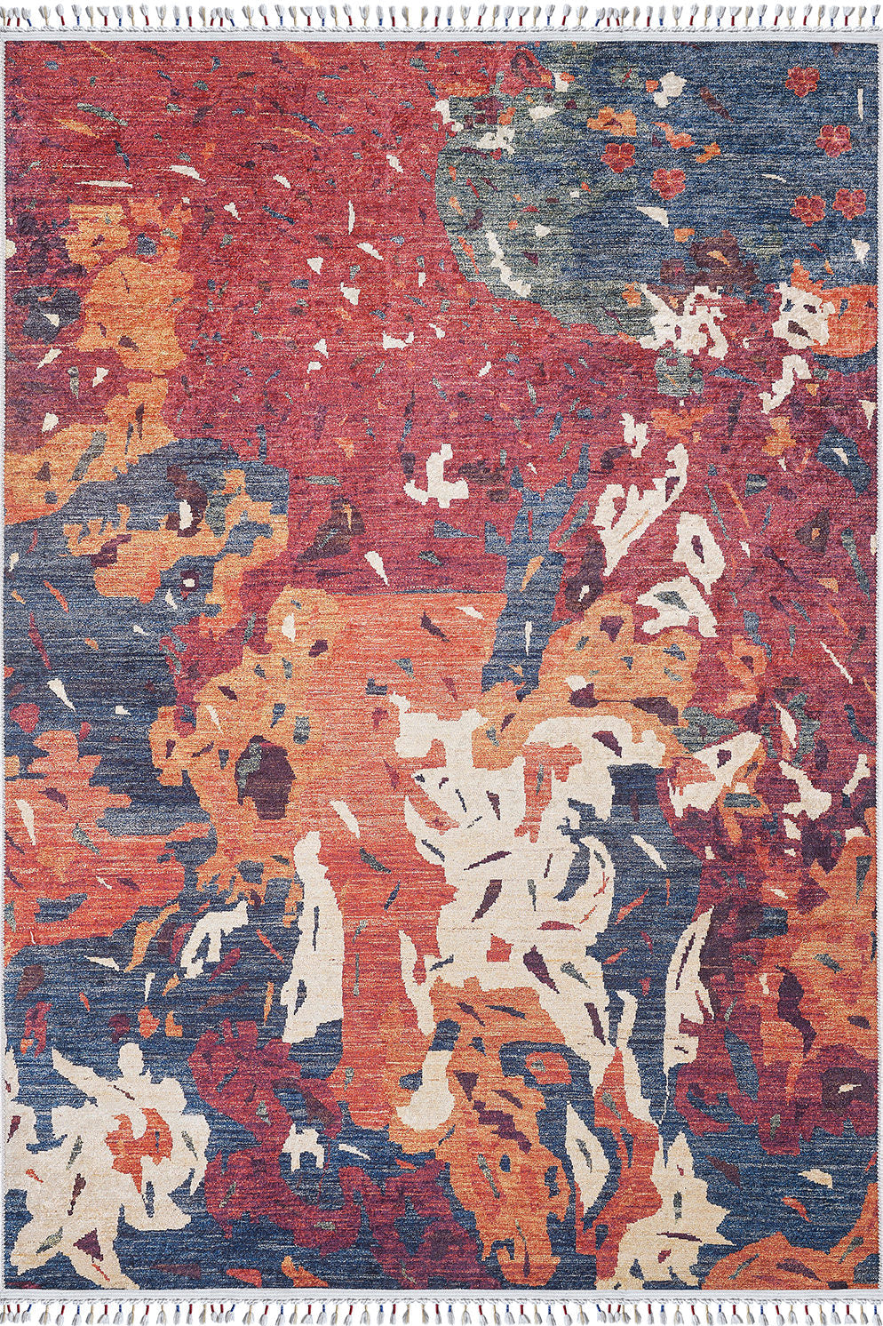 The Psychedelic Splash - Machine-Washable Rug - JR5096 features bold red, blue, orange, cream, and gray abstract shapes with fringed edges—ideal for adding vibrant style and easy care to busy spaces.