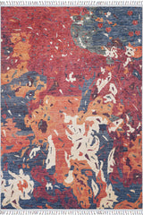 The Psychedelic Splash - Machine-Washable Rug - JR5096 features bold red, blue, orange, cream, and gray abstract shapes with fringed edges—ideal for adding vibrant style and easy care to busy spaces.