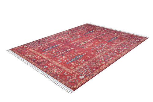 Load image 1 in gallery view. The Psychedelic Splash - Machine-Washable Rug (JR5096, Custom Size) features intricate multicolor patterns and white fringes on the short edges—perfect for high-traffic areas, shown here on a white background.