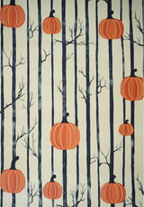 The Pumpkin Grove - Washable Rug - HLW002 features tall black tree trunks with bare branches on a cream background, accented by large orange pumpkins. This allergy-friendly flat weave rug is easy to clean and perfect for seasonal style.