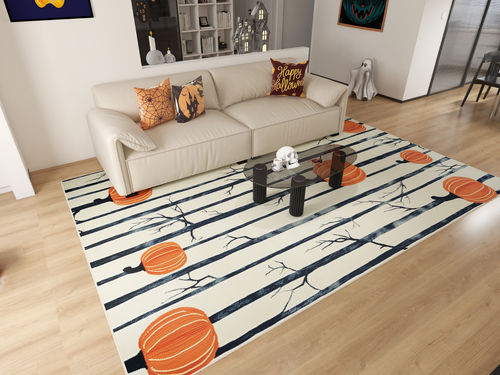 Load image 1 in gallery view. A living room decorated for Halloween with a beige sofa, themed pillows, a "Happy Halloween" cushion, a ghost decoration, and the Pumpkin Grove - Washable Rug - HLW002 featuring pumpkins and bare tree branches.