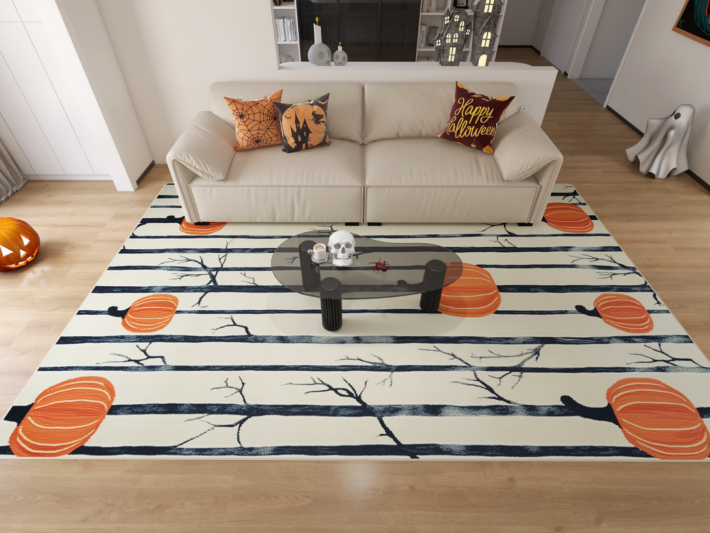 A living room decorated for Halloween with a beige sofa, themed pillows, and the Pumpkin Grove - Washable Rug - HLW002 (Custom Size) featuring pumpkin and branch designs, plus skull, pumpkin, and ghost decorations throughout.