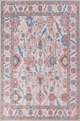 The Quasar Traditional Washable Rug - LCC3024 features a central medallion and floral motifs in cream, blue, pink, and beige, with a border of geometric and floral designs for a traditional vintage look.