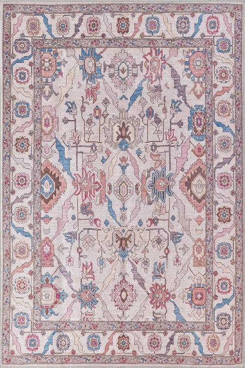 Load image 1 in gallery view. The Quasar Traditional Washable Rug - LCC3024 features a central medallion and floral motifs in cream, blue, pink, and beige, with a border of geometric and floral designs for a traditional vintage look.