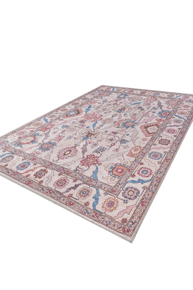 The Quasar Traditional Washable Rug - LCC3024 is a rectangular flat weave with an intricate red, blue, and beige pattern, decorative border, and floral motifs on a white background—a stylish addition to any space.