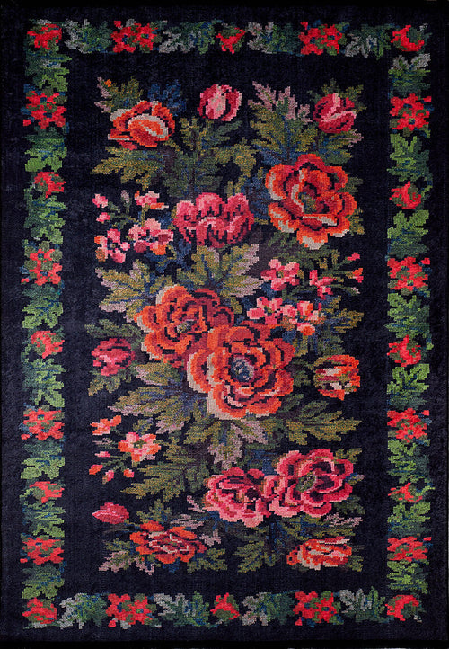 Load image 1 in gallery view. The Radiant Bloom - Washable Rug - JR294 (Custom Size) showcases bold red and pink flowers with green leaves on a black background, finished with a matching floral border—durable and perfect for high-traffic areas.
