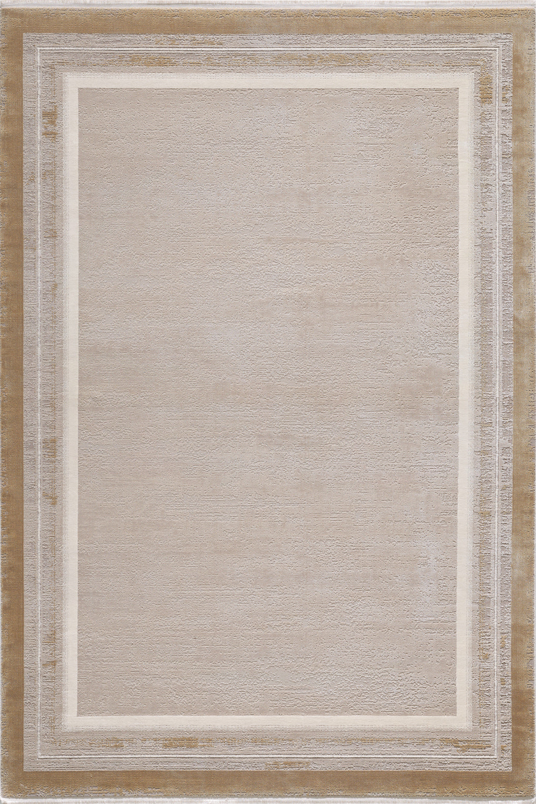 The Radiant Edges Bordered Rug - Amber (M542G) is a rectangular, machine-made acrylic-viscose rug with a beige center, slim white border, and wider light brown edge—its muted palette and modern design suit versatile décors.
