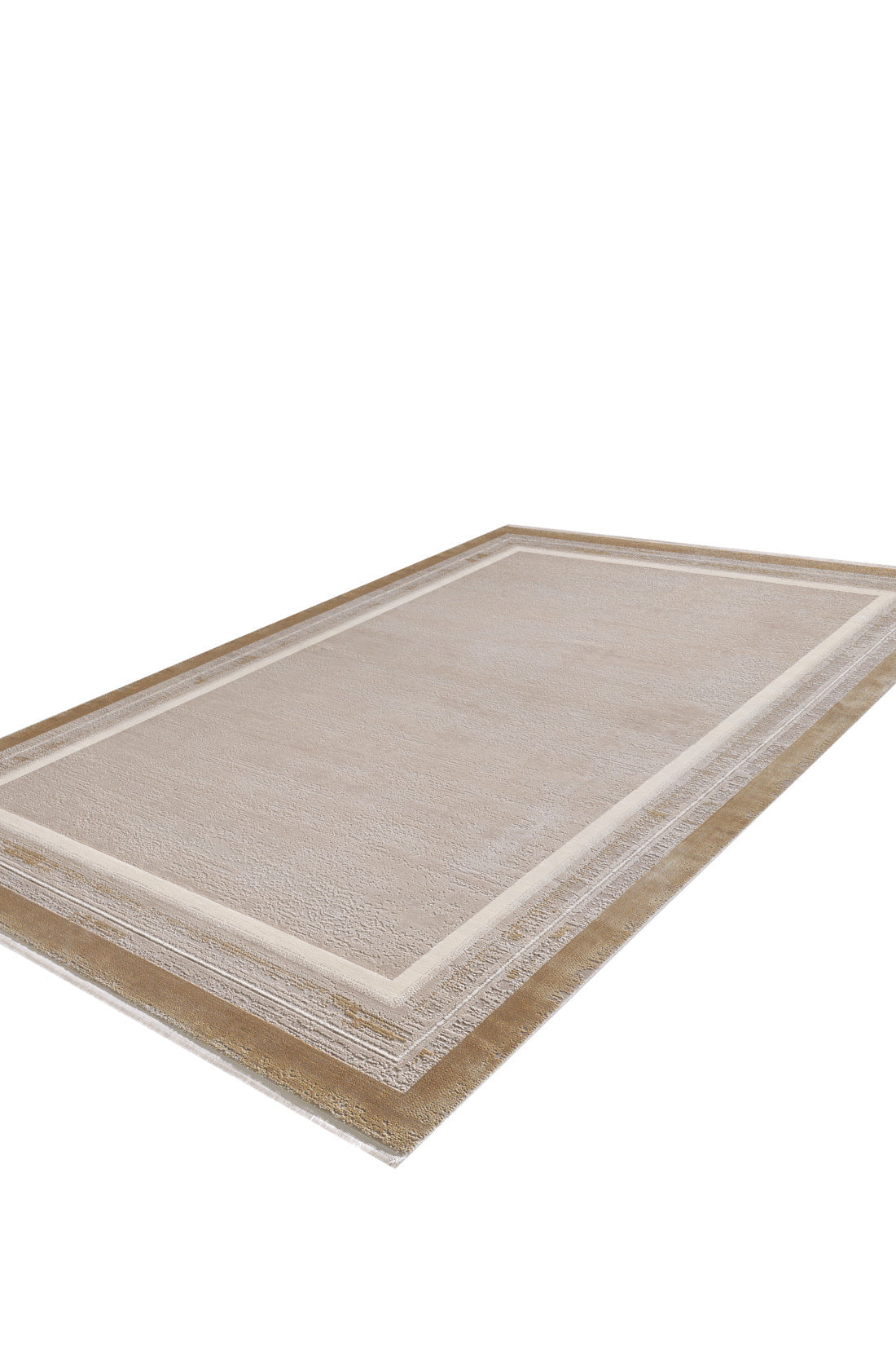 The Radiant Edges Bordered Rug - Amber (M542G) is a rectangular beige acrylic-viscose rug featuring a simple lighter border and textured surface, displayed at an angle on a white background.