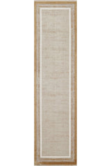 The Radiant Edges Bordered Rug - Amber (M542G) features a light beige center, dual white borders, and a thick tan edge. This machine-made rectangular rug offers simple, minimalist elegance for any space.