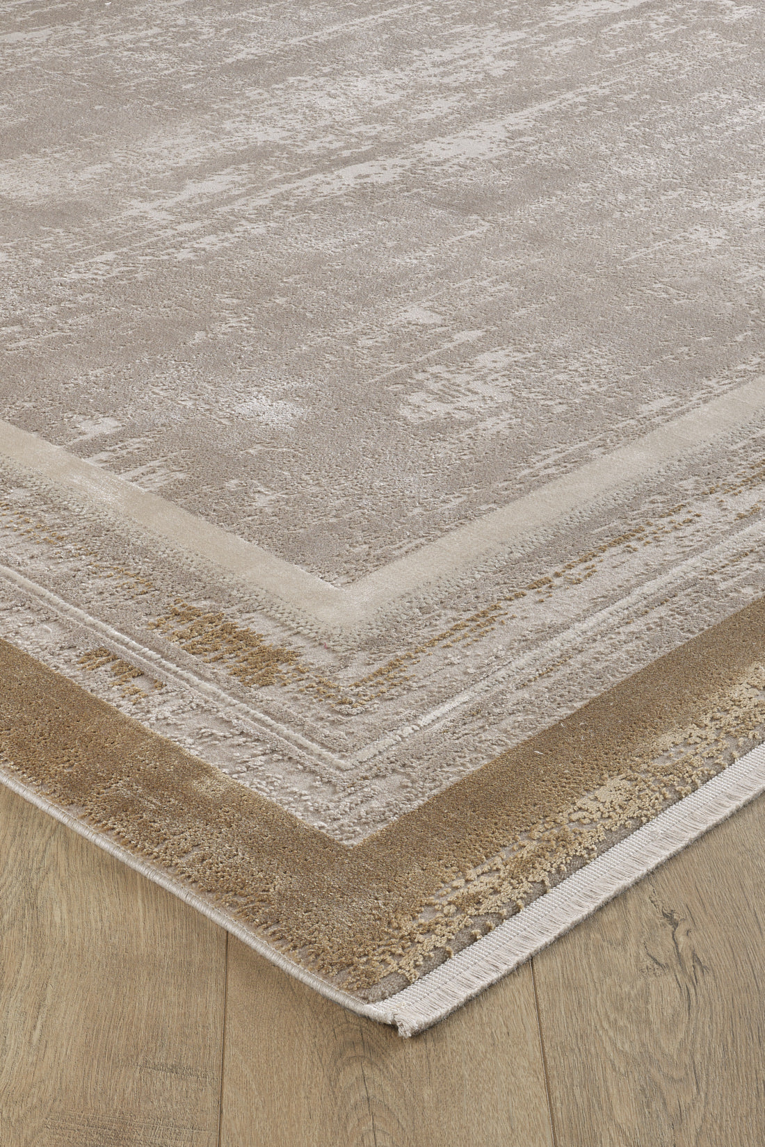 A close-up of the Radiant Edges Bordered Rug - Amber (M542G), a rectangular machine-made rug with a subtle beige and taupe pattern and layered neutral borders, displayed on a light wood floor.