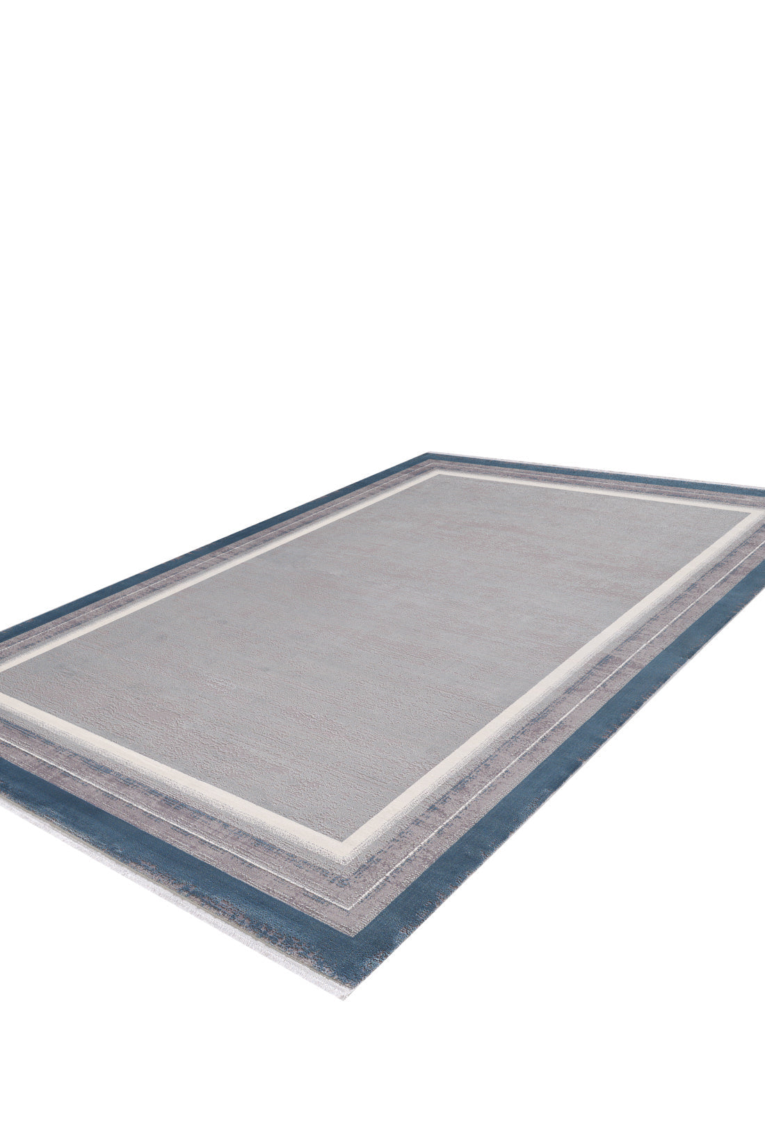 The Radiant Edges Bordered Rug - Sapphire - M542I features a rectangular acrylic-viscose build with a light gray center and thin white and dark blue borders, displayed on a white background.