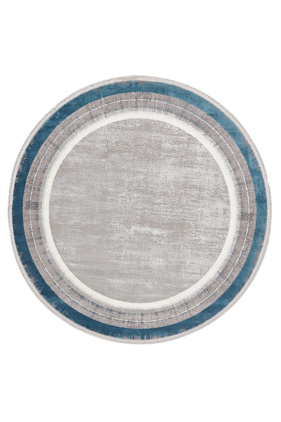 The Radiant Edges Bordered Rug - Sapphire - M542I is a machine-made round rug featuring a distressed light gray center and modern concentric rings in white, gray, and teal blue.