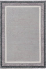 The Radiant Edges Bordered Rug - Silver - M542B features a rectangular design with a light gray center, two slim white lines, and a wide dark gray border for a modern, textured look. This rug is machine-made for durability and style.