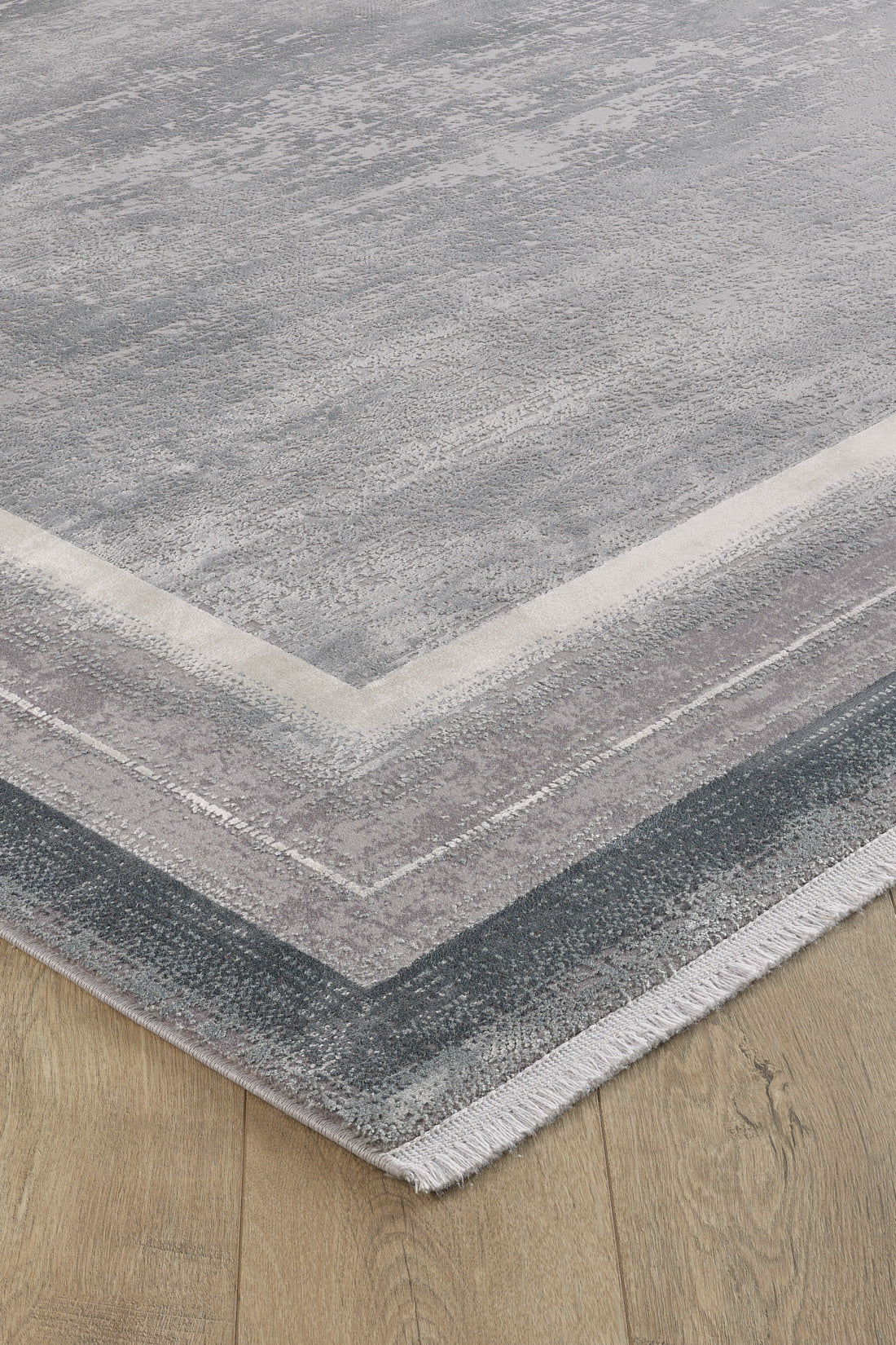 A close-up of the Radiant Edges Bordered Rug - Silver - M542B, a rectangular, flat-pile rug with a gray and light beige gradient pattern, short fringe on one edge, placed on a wooden floor. Machine-made for durability.
