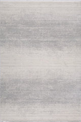 The Radient Silver Haze Ombre Rug - M497D features a flat pile with a textured surface in light gray and off-white streaks, creating an even, weathered look. Its minimalist design adds a softly faded vibe, perfect for serene spaces.