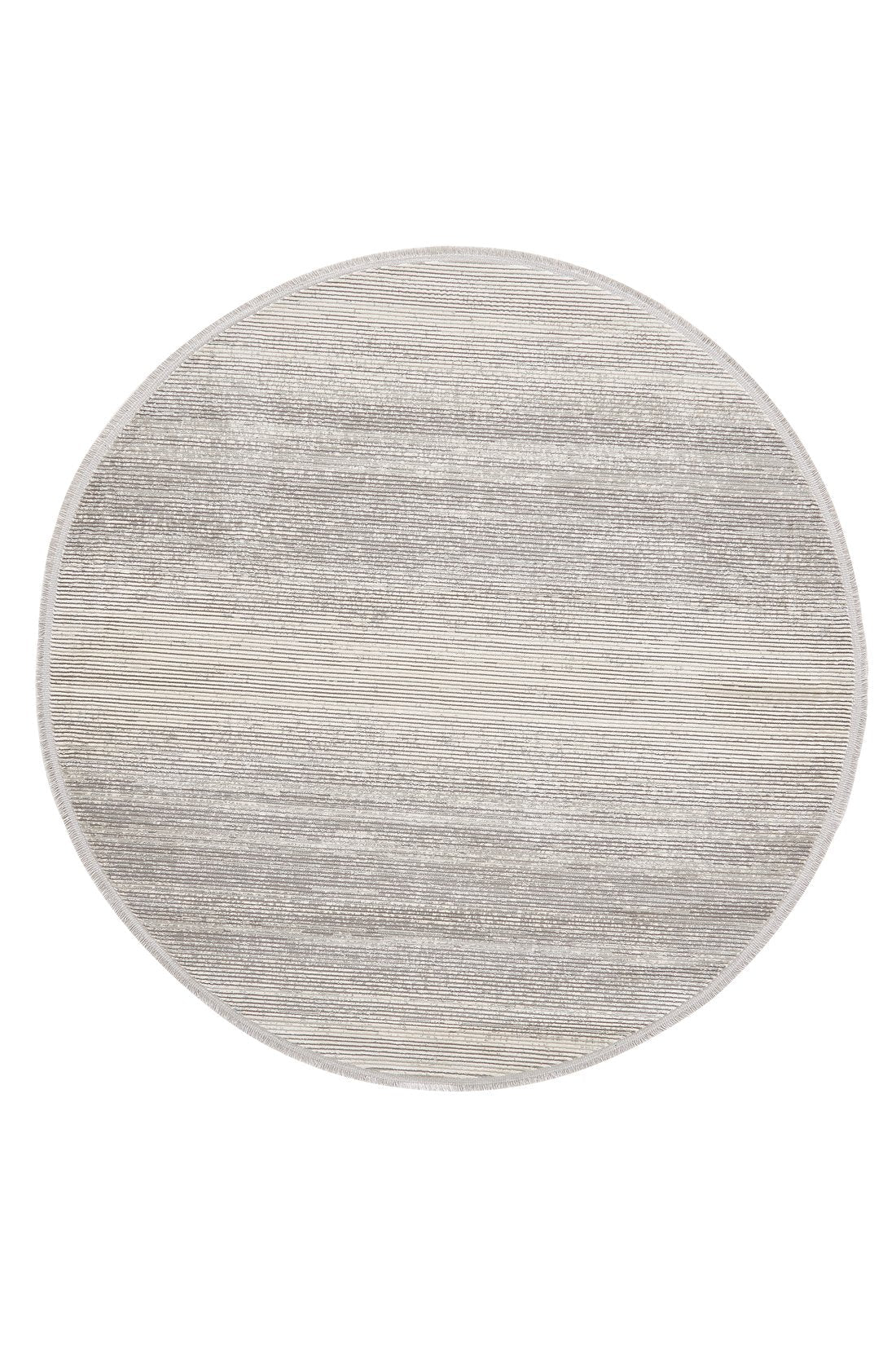 The Radient Silver Haze Ombre Rug - M497D is a minimalist, round machine-made rug in light gray and beige with a subtle textured pattern and a simple border around the edge.