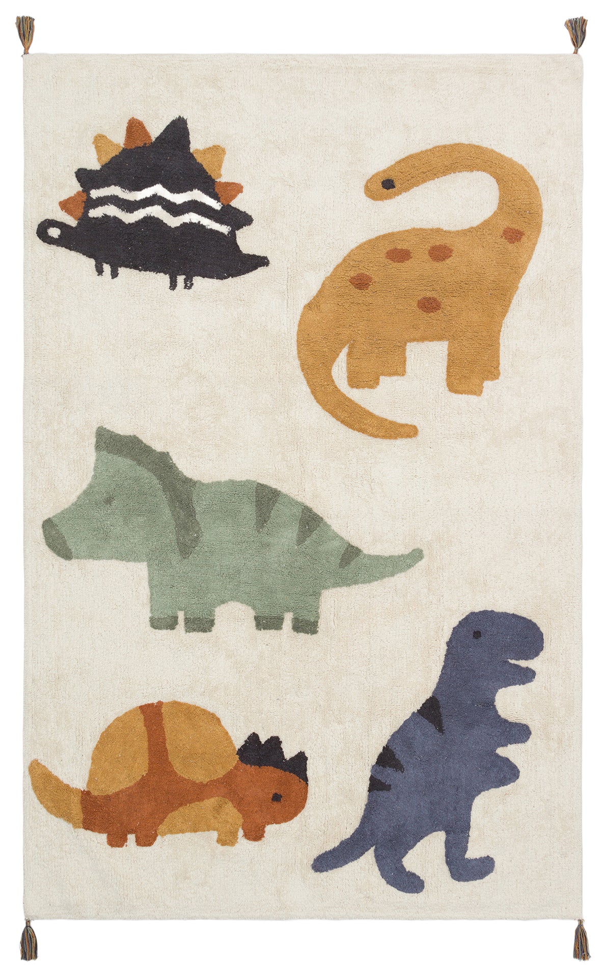 The Rainbow Nap - Washable Shaggy - CBN08 is a rectangular kids playroom rug with a cream background and colorful cartoon dinosaurs in green, orange, yellow, blue, and black, each facing different directions.