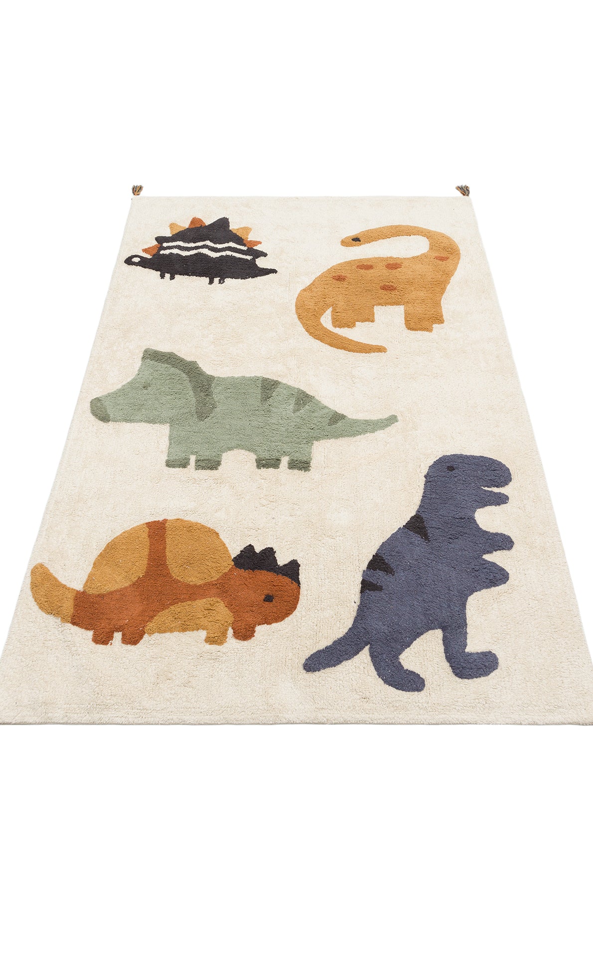 The Rainbow Nap - Washable Shaggy - CBN08 is a cream-colored kids playroom rug featuring five colorful cartoon dinosaurs in different poses, displayed across a plain white background.