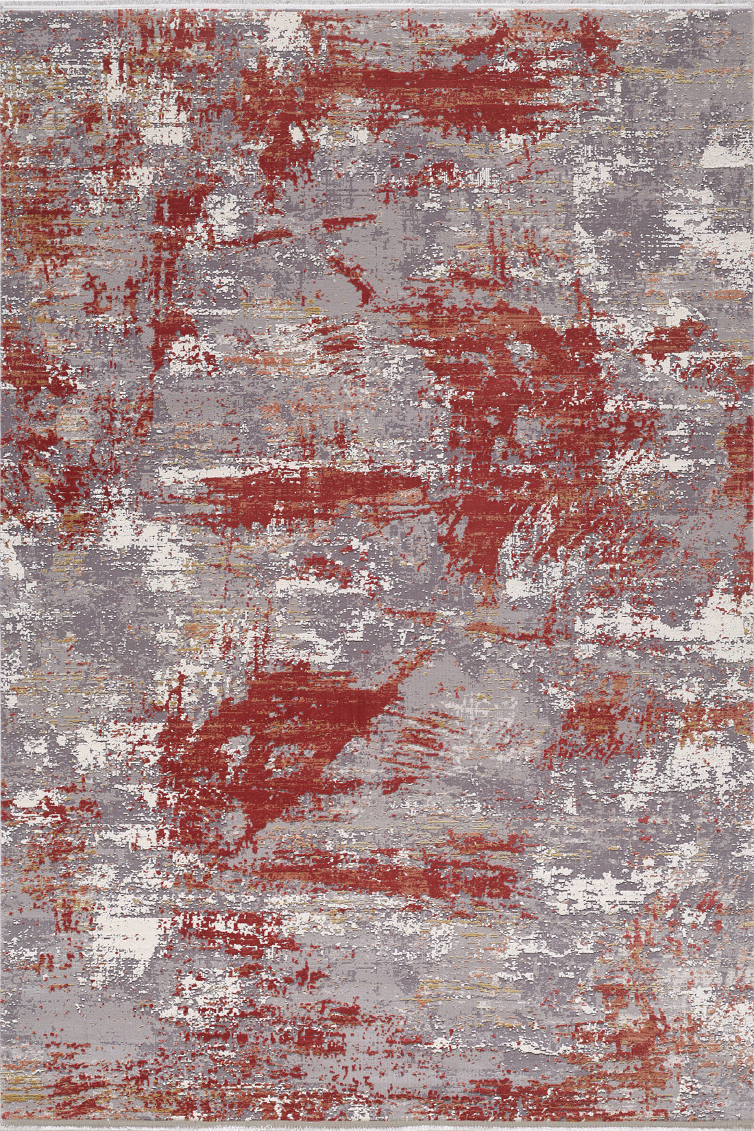 The Red Strokes Premium Rug - 1052EB features an abstract, machine-made design with distressed patterns in red, gray, and white, showcasing textured irregular patches and brushstroke-like marks for a modern look.