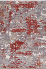 The Red Strokes Premium Rug - 1052EB features an abstract, machine-made design with distressed patterns in red, gray, and white, showcasing textured irregular patches and brushstroke-like marks for a modern look.