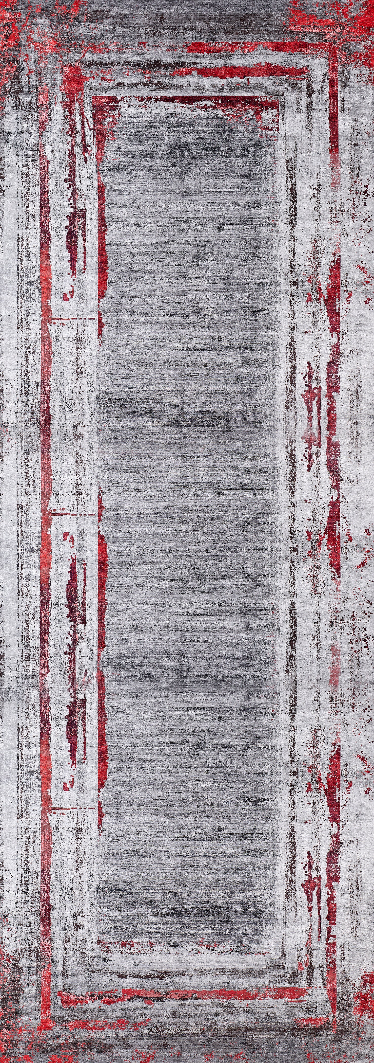 The Refined and Timeless - Washable Rug - JR1500 features a rectangular faded gray center with distressed red and black borders, offering a modern, weathered look that's perfect for high-traffic areas.