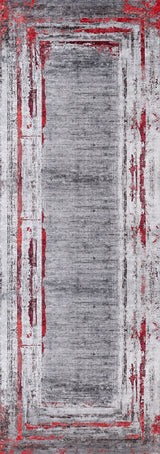The Refined and Timeless - Washable Rug - JR1500 features a rectangular faded gray center with distressed red and black borders, offering a modern, weathered look that's perfect for high-traffic areas.