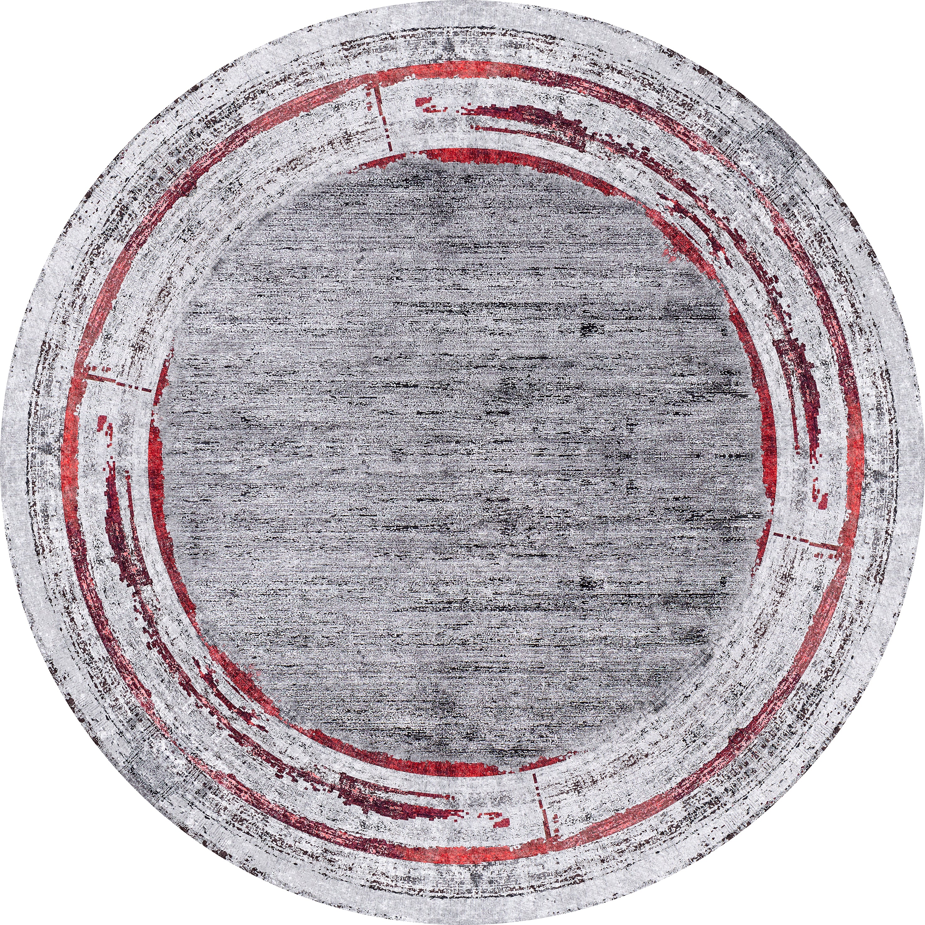 The Refined and Timeless - Washable Rug - JR1500 features a textured gray center with distressed red and white concentric borders. Its modern, abstract design is perfect for high-traffic areas, bringing style to any space.