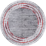 The Refined and Timeless - Washable Rug - JR1500 features a textured gray center with distressed red and white concentric borders. Its modern, abstract design is perfect for high-traffic areas, bringing style to any space.