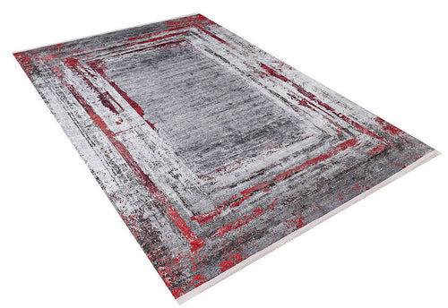 Load image 1 in gallery view. The Refined and Timeless - Washable Rug - JR1500 (Custom Size) features a modern abstract pattern in gray, white, and red with layered rectangular borders. Easy to clean and ideal for high-traffic areas. Shown on a white background.
