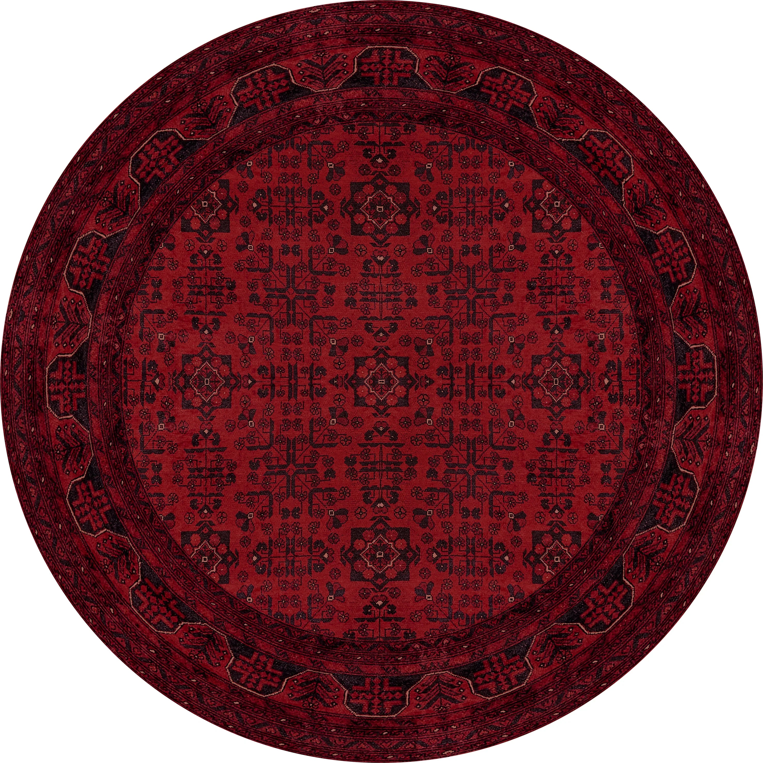 The Regal Accents - Washable Rug - JR36 is a round, deep red rug with geometric motifs, intricate dark patterns, and a wide decorative border—perfect for bringing traditional charm to high-traffic spaces.
