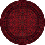 The Regal Accents - Washable Rug - JR36 is a round, deep red rug with geometric motifs, intricate dark patterns, and a wide decorative border—perfect for bringing traditional charm to high-traffic spaces.