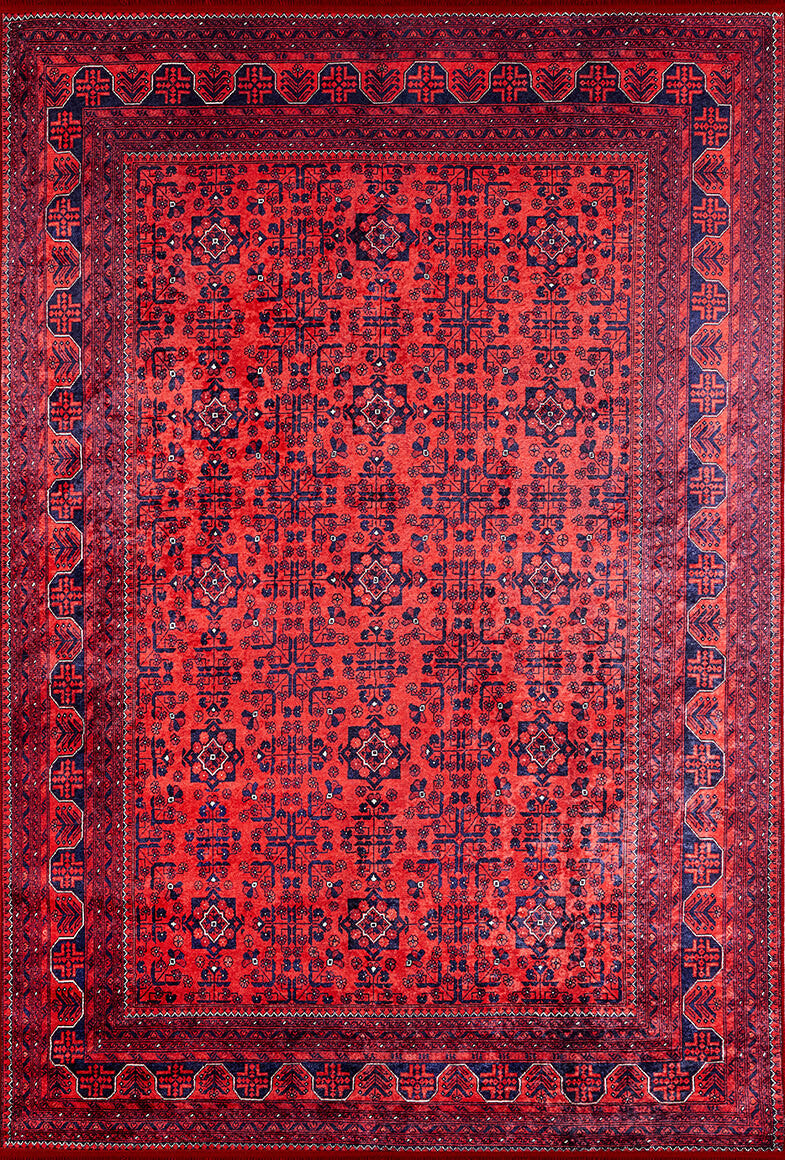 The Regal Accents - Washable Rug - JR36 (Custom Size) is a traditional red oriental rug with dark blue and black geometric and floral patterns, multiple decorative borders, and is washable for easy care—perfect for high-traffic areas.