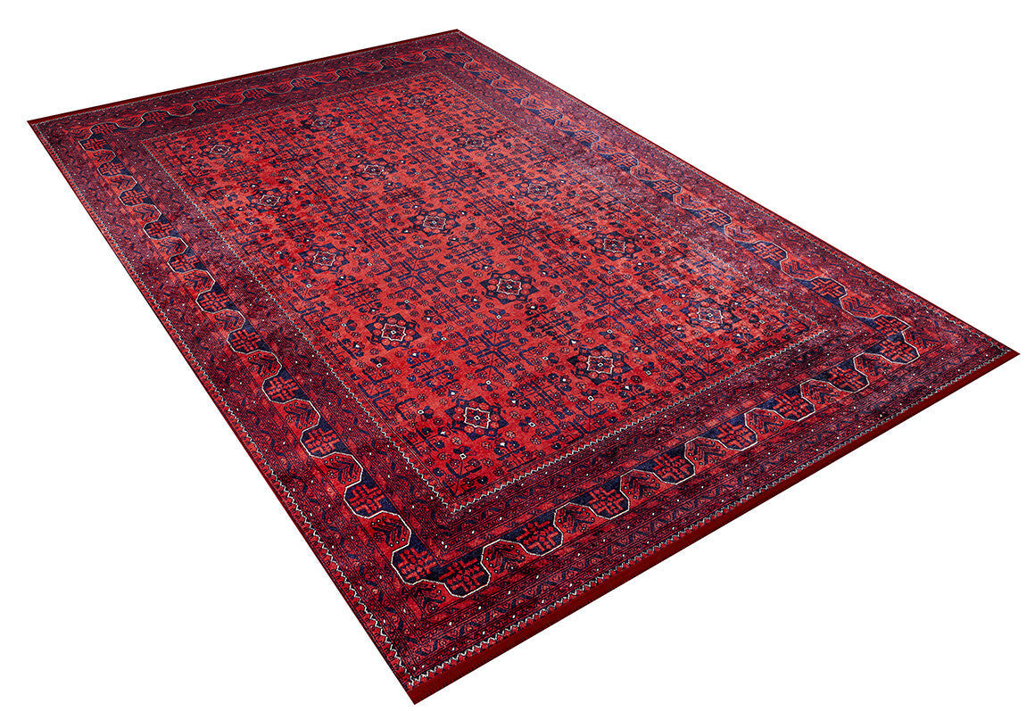The Regal Accents - Washable Rug - JR36 (Custom Size) is a large rectangular red rug with dark blue and black geometric and floral patterns, plus a detailed border—durable for high-traffic areas—shown flat on a white background.