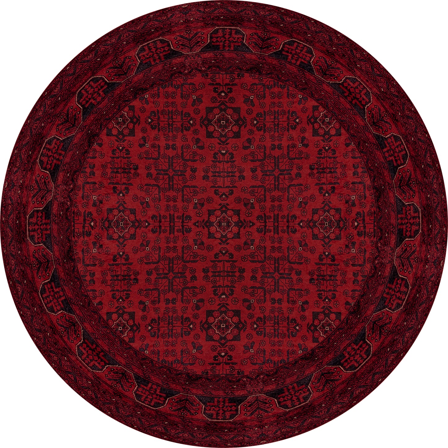 The Regal Accents - Washable Rug - JR36 (Custom Size) features a round, deep red design with black geometric and floral patterns and an ornate border. Perfect for high-traffic areas, it brings a traditional, richly detailed look to any space.