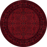 The Regal Accents - Washable Rug - JR36 (Custom Size) features a round, deep red design with black geometric and floral patterns and an ornate border. Perfect for high-traffic areas, it brings a traditional, richly detailed look to any space.