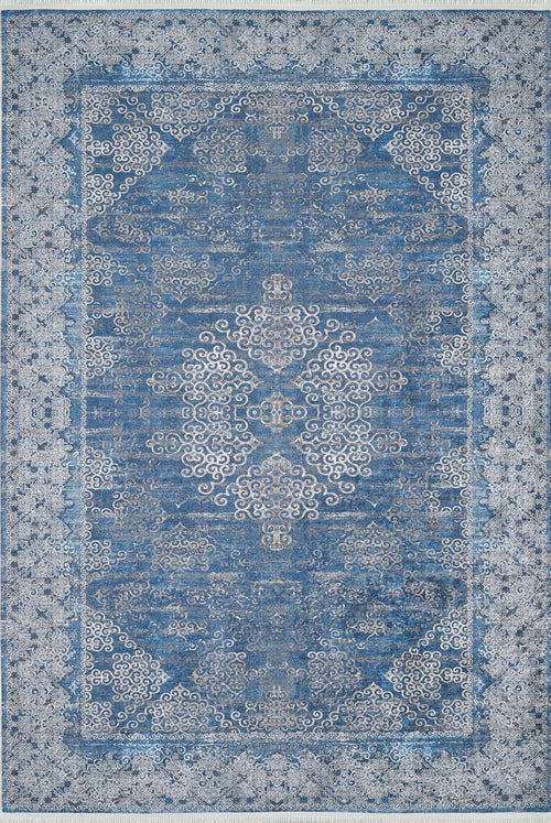 Load image 1 in gallery view. The Regal Insignia - Washable Rug - JR1786 (Custom Size) features an ornate blue and white design with a central medallion, floral motifs, and decorative borders, making it an elegant and practical choice for high-traffic areas.