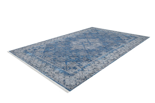 Load image 1 in gallery view. The Regal Insignia - Washable Rug - JR1786 (Custom Size) features intricate oriental-style patterns and a decorative border in blue, shown from an angled top-down view—ideal for high-traffic areas.