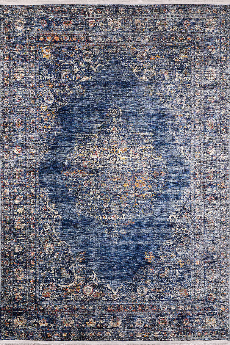 The Regal Splendor - Washable Rug - JR1017 (Custom Size) is a large rectangular blue rug with a distressed background, featuring beige, gold, and red floral and ornamental patterns, plus decorative borders—perfect for high-traffic areas.