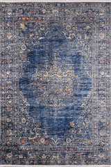 The Regal Splendor - Washable Rug - JR1017 (Custom Size) is a large rectangular blue rug with a distressed background, featuring beige, gold, and red floral and ornamental patterns, plus decorative borders—perfect for high-traffic areas.