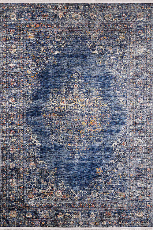 Load image 1 in gallery view. The Regal Splendor - Washable Rug - JR1017 (Custom Size) is a large rectangular blue rug with a distressed background, featuring beige, gold, and red floral and ornamental patterns, plus decorative borders—perfect for high-traffic areas.